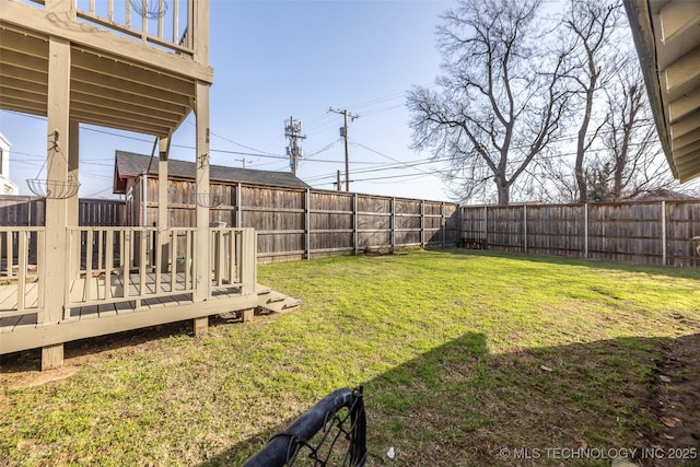 view of yard featuring a wooden deck and a fenced backyard