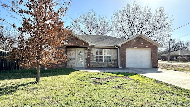 single story home featuring driveway, a front lawn, stone siding, fence, and a garage