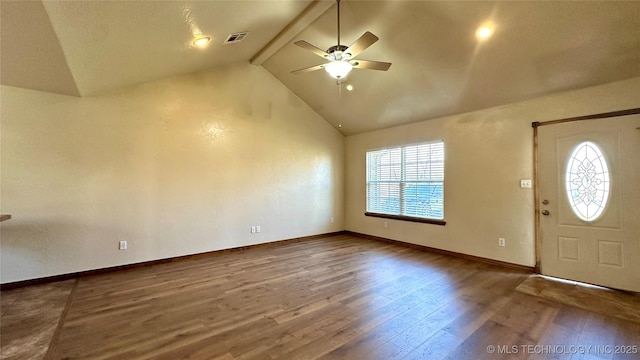 foyer featuring baseboards, beam ceiling, wood finished floors, high vaulted ceiling, and a ceiling fan