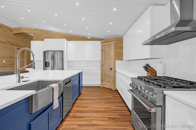 kitchen with blue cabinetry, appliances with stainless steel finishes, wall chimney exhaust hood, and a sink