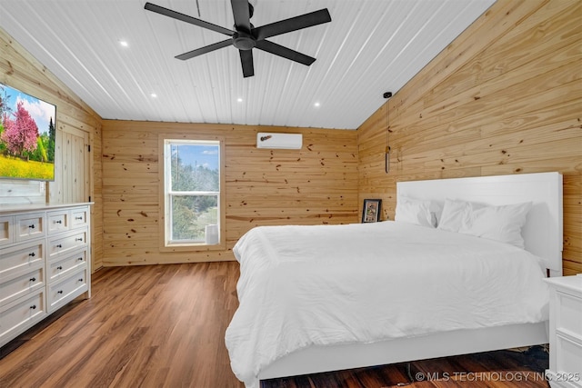 bedroom featuring wood finished floors, recessed lighting, wood walls, wood ceiling, and vaulted ceiling