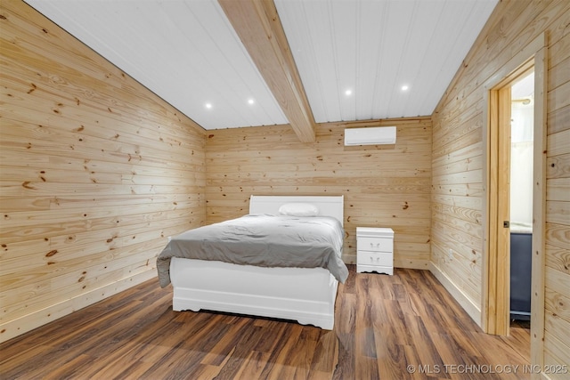 bedroom featuring wooden walls, vaulted ceiling with beams, a wall unit AC, and wood finished floors