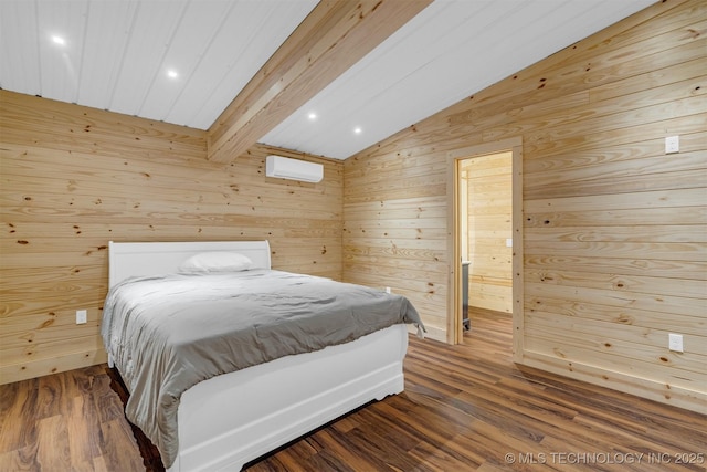 bedroom featuring lofted ceiling with beams, wooden walls, wood finished floors, and a wall mounted AC