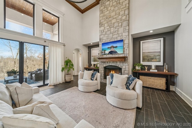 living area with baseboards, arched walkways, a fireplace, and wood tiled floor