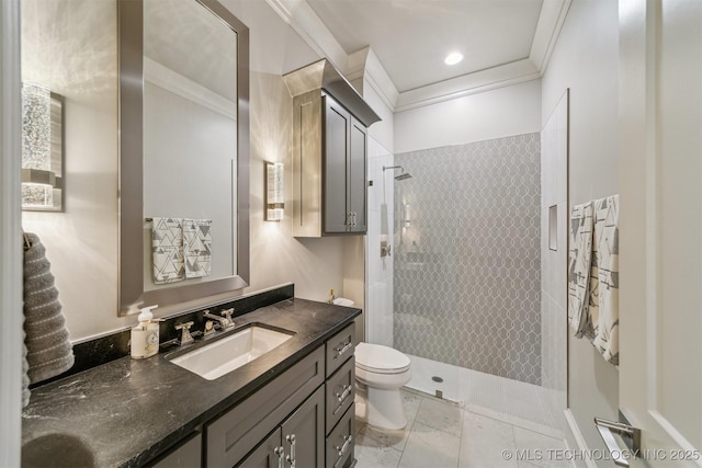 bathroom featuring toilet, a walk in shower, recessed lighting, crown molding, and vanity