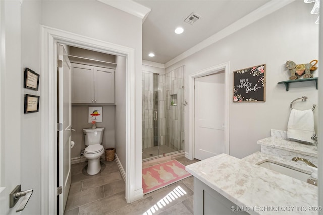 bathroom with visible vents, ornamental molding, a shower stall, tile patterned floors, and toilet