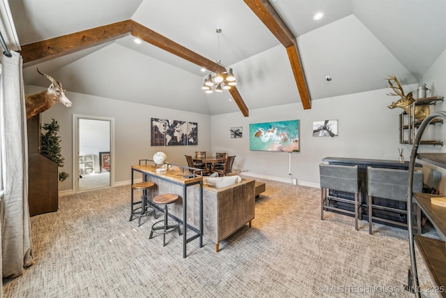 office area with lofted ceiling with beams, baseboards, carpet, and a chandelier