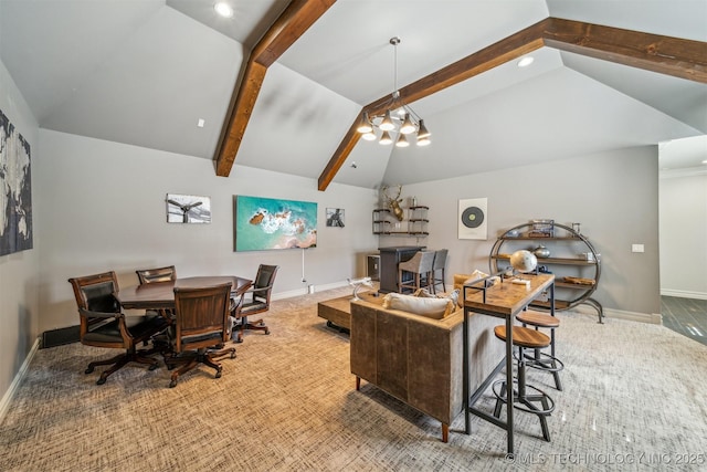 office area featuring baseboards, an inviting chandelier, and vaulted ceiling with beams