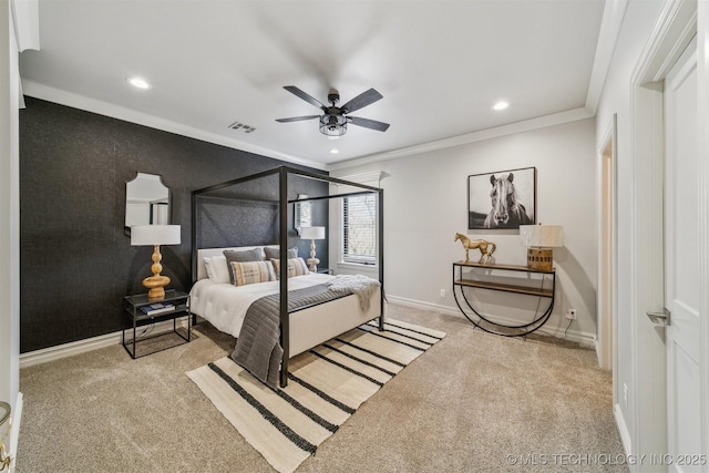 bedroom featuring crown molding, recessed lighting, baseboards, and light carpet