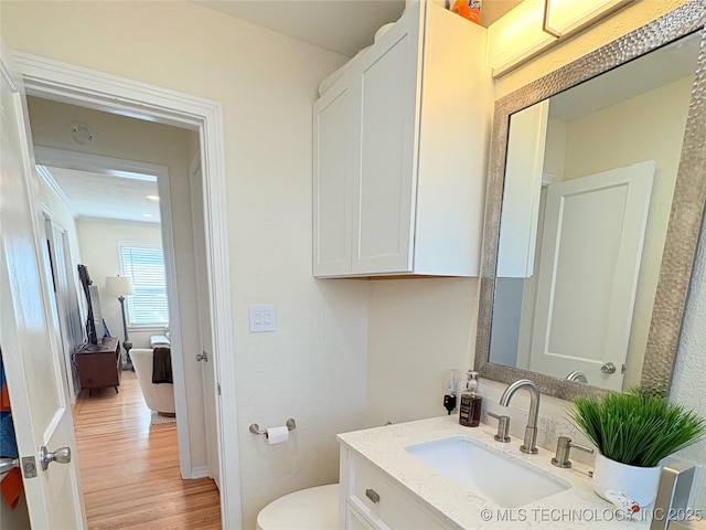 bathroom with vanity, toilet, and wood finished floors