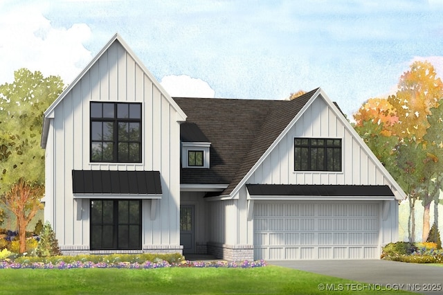 modern farmhouse style home with brick siding, board and batten siding, roof with shingles, a garage, and driveway