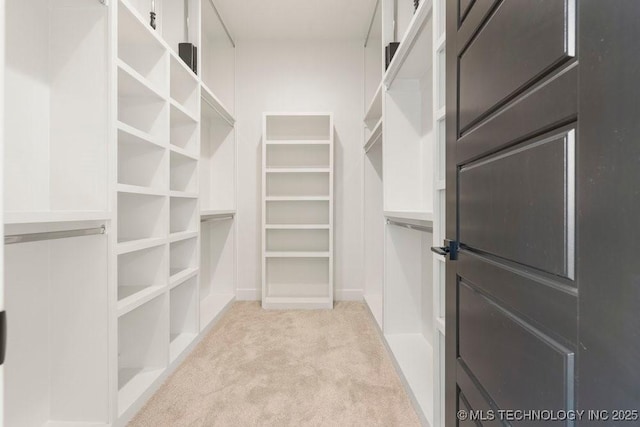 walk in closet featuring light carpet