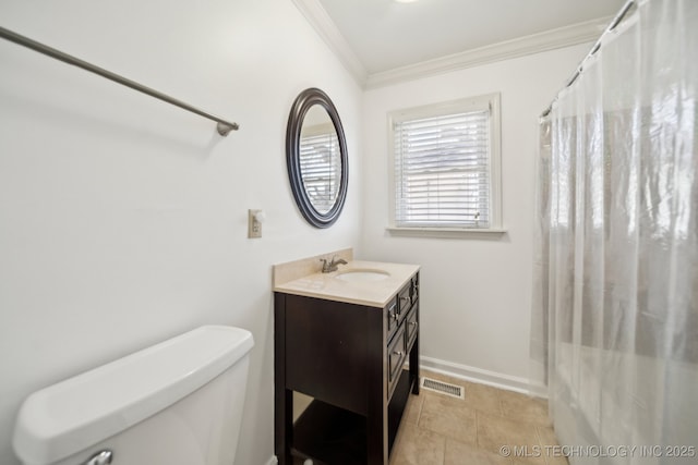 2503 S Pittsburg Ave, Tulsa, OK 74114 - full bath featuring vanity, baseboards, ornamental molding, toilet, and visible vents
