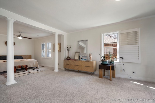 bedroom with decorative columns, light carpet, baseboards, and ornamental molding