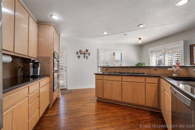 kitchen featuring a sink, tasteful backsplash, dark wood-style floors, recessed lighting, and appliances with stainless steel finishes