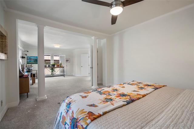 bedroom featuring a ceiling fan, carpet, baseboards, decorative columns, and ornamental molding