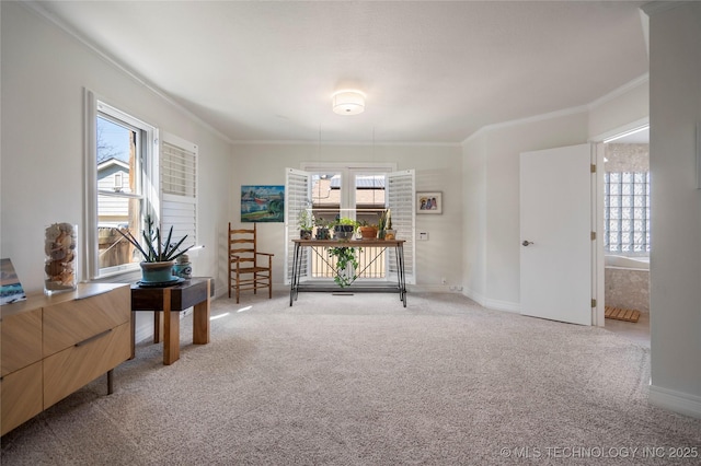 living area featuring baseboards, carpet, and ornamental molding