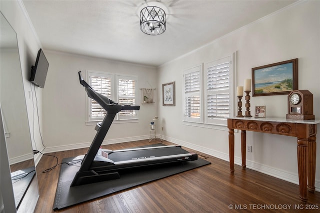 workout area featuring crown molding, wood finished floors, and baseboards