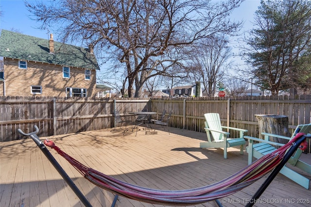 wooden deck with a fenced backyard