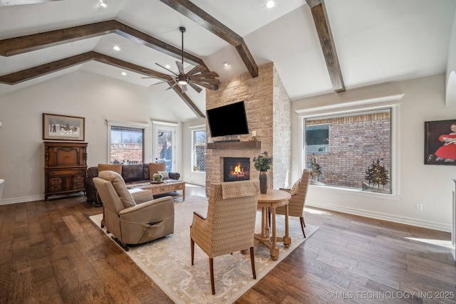 3828 W Orlando St, Broken Arrow, OK 74011 - living room featuring a stone fireplace, ceiling fan, baseboards, hardwood / wood-style floors, and recessed lighting
