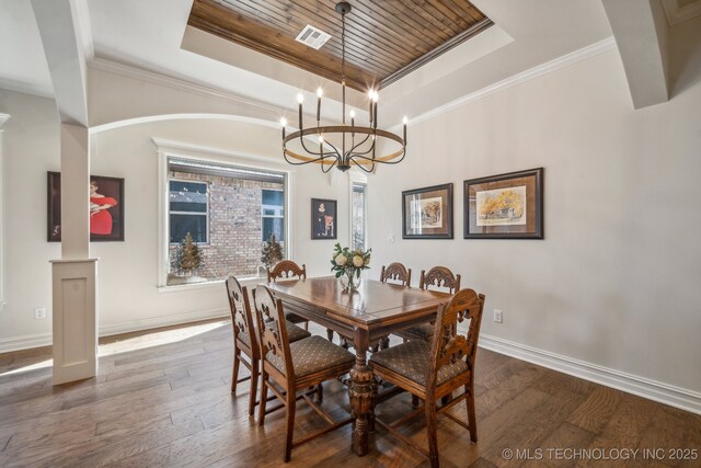 3828 W Orlando St, Broken Arrow, OK 74011 - dining room with a raised ceiling, baseboards, dark wood-style flooring, wood ceiling, and crown molding