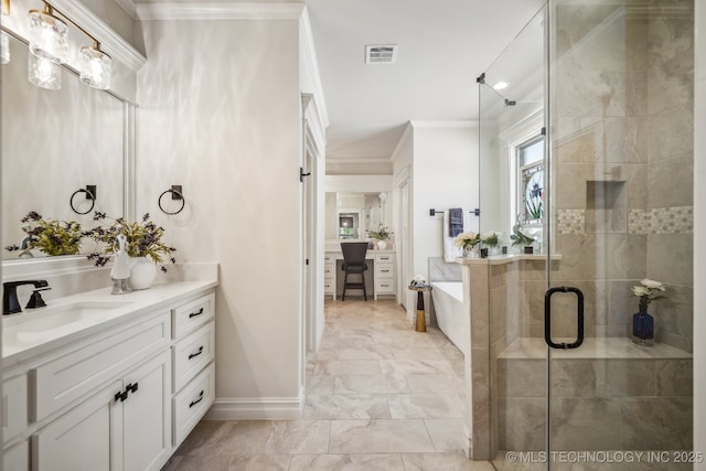 3828 W Orlando St, Broken Arrow, OK 74011 - bathroom featuring ornamental molding, a shower stall, a bath, marble look tiles, and vanity
