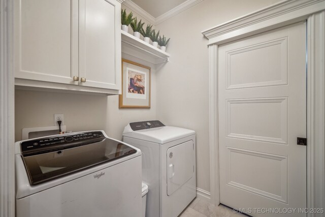 3828 W Orlando St, Broken Arrow, OK 74011 - clothes washing area featuring separate washer and dryer, cabinet space, and crown molding