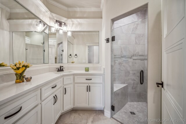 3828 W Orlando St, Broken Arrow, OK 74011 - bathroom with a shower stall, vanity, crown molding, and marble look tiles