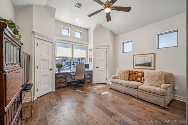 3828 W Orlando St, Broken Arrow, OK 74011 - office area featuring ceiling fan, high vaulted ceiling, wood finished floors, recessed lighting, and baseboards