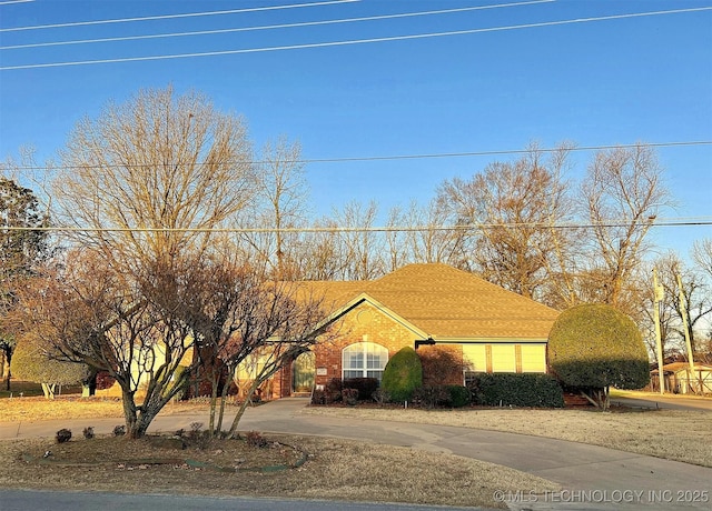 view of front of house featuring brick siding, driveway, and roof with shingles