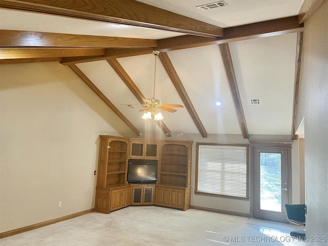 unfurnished living room featuring visible vents, light carpet, and beamed ceiling