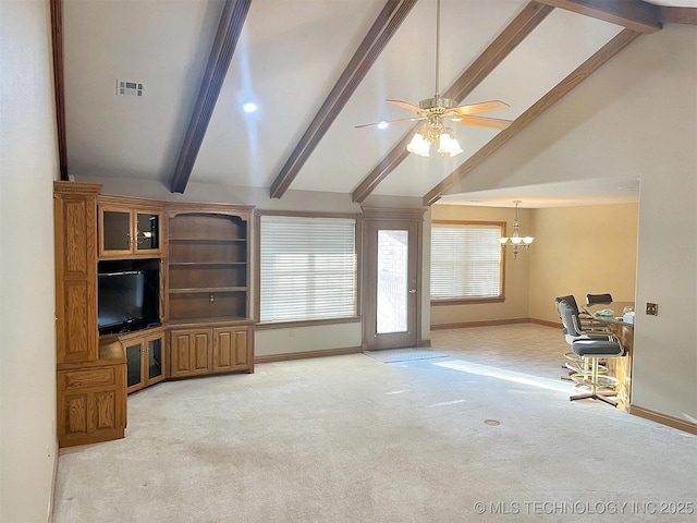 living area featuring visible vents, light carpet, beamed ceiling, ceiling fan with notable chandelier, and baseboards