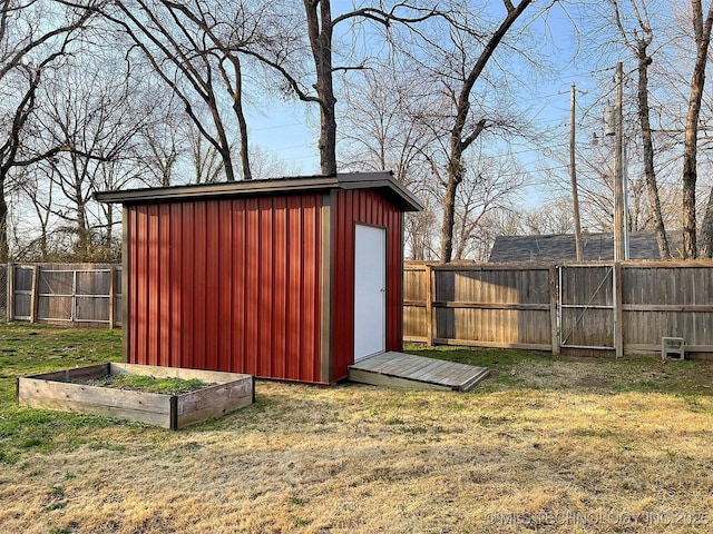 view of shed featuring a vegetable garden and a fenced backyard