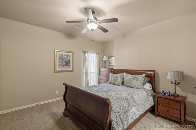 bedroom featuring carpet flooring, baseboards, visible vents, and ceiling fan