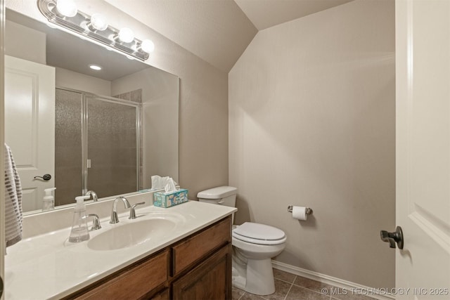 full bath with vanity, baseboards, a stall shower, tile patterned floors, and toilet