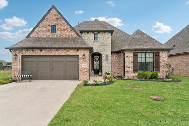 french country home with brick siding, a front yard, roof with shingles, driveway, and an attached garage