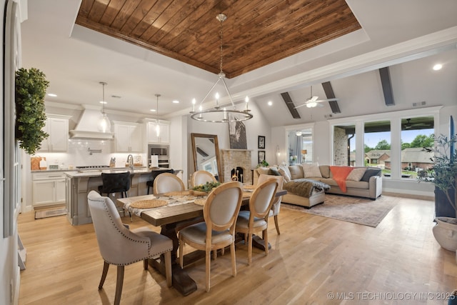 dining room featuring lofted ceiling with beams, light wood finished floors, a ceiling fan, and wooden ceiling