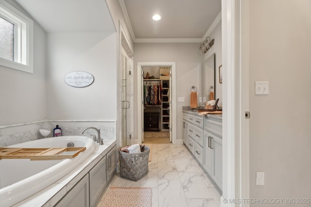 full bath featuring marble finish floor, a shower stall, a spacious closet, a bath, and vanity