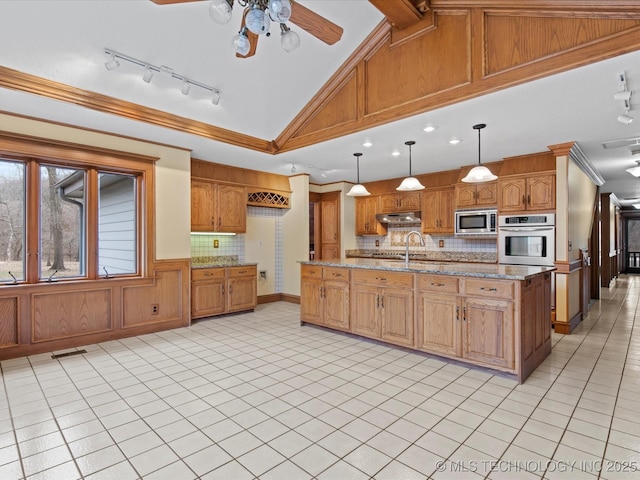 kitchen featuring a ceiling fan, under cabinet range hood, tasteful backsplash, stainless steel appliances, and crown molding