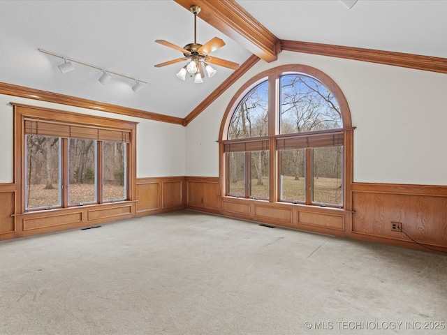 unfurnished room with a healthy amount of sunlight, a wainscoted wall, and carpet floors