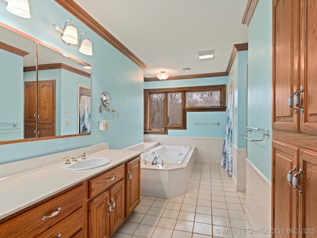 bathroom featuring a bath, tile patterned floors, vanity, and ornamental molding