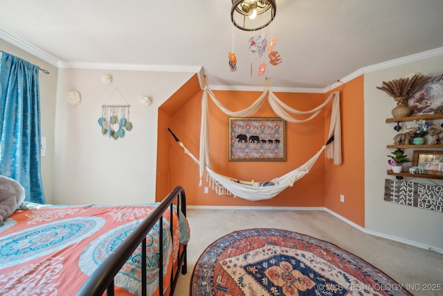 carpeted bedroom with baseboards and ornamental molding