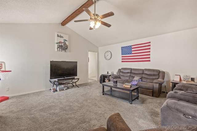 carpeted living room with beam ceiling, high vaulted ceiling, and a ceiling fan