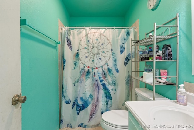 bathroom featuring vanity, toilet, and a shower with shower curtain