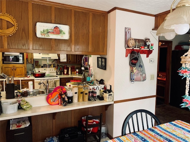 kitchen with a peninsula, freestanding refrigerator, light countertops, stainless steel microwave, and white range with electric stovetop