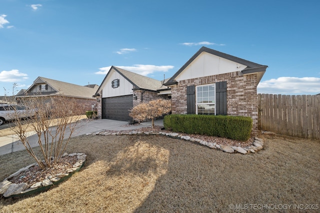 ranch-style home featuring brick siding, board and batten siding, fence, concrete driveway, and an attached garage