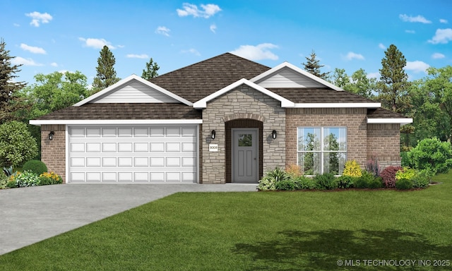 view of front of home with a front lawn, concrete driveway, an attached garage, a shingled roof, and brick siding