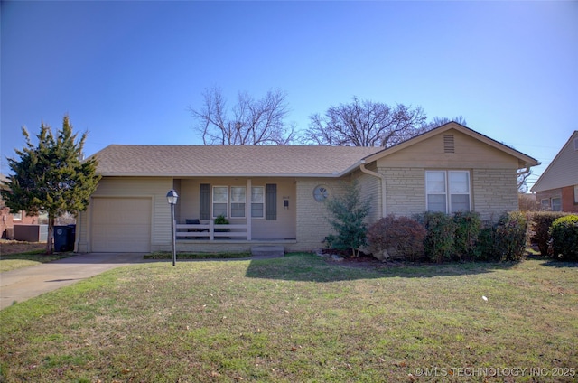 ranch-style house with a garage, brick siding, concrete driveway, and a front lawn