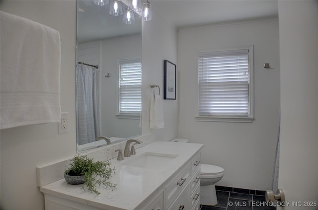 full bath with toilet, ornamental molding, vanity, and tile patterned flooring