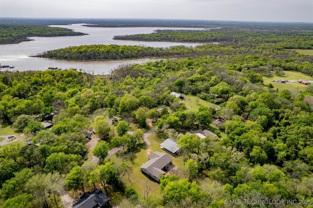 bird's eye view featuring a forest view and a water view